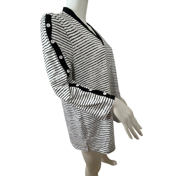 E.L.I Tunic Top XL Black White Stripes Long Sleeve V-Neck Buttons Arms Slits - Picture 4 of 15